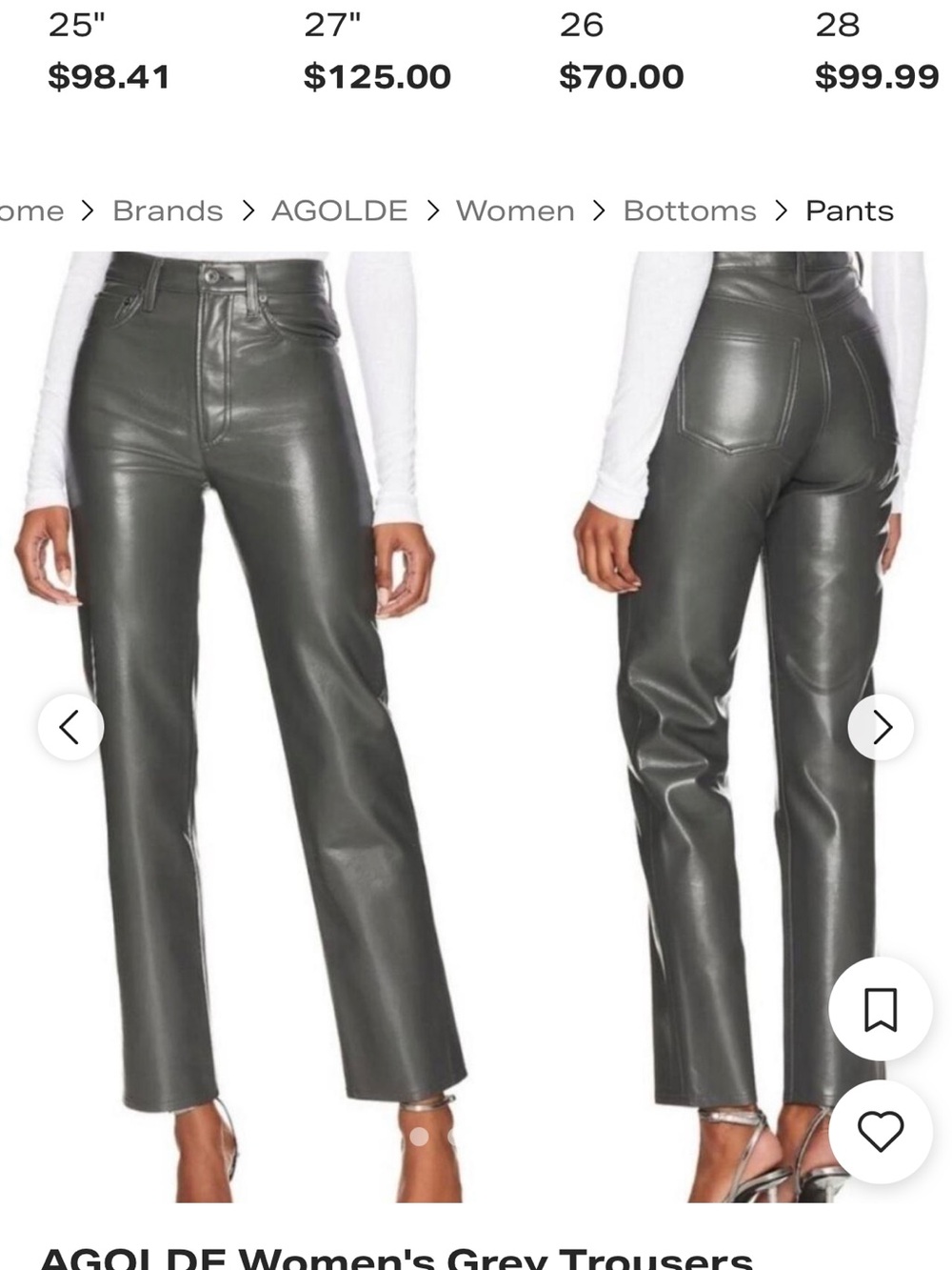 AGOLDE Women's Grey High-Rise Leather Jeans